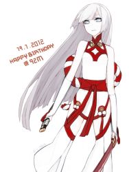 Rule 34 | 1girl, bad id, bad pixiv id, bare shoulders, borrowed character, bridal gauntlets, cleavage cutout, clothing cutout, dated, grey eyes, happy birthday, hikimayu, hime cut, long hair, looking at viewer, mikoto (oi plus), original, pale skin, simple background, solo, sword, weapon, white background, white hair
