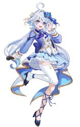 Rule 34 | 1girl, absurdres, ahoge, alternate costume, blue brooch, blue eyes, blue hair, dasha, drop-shaped pupils, fang, full body, furina (genshin impact), genshin impact, hair between eyes, heterochromia, highres, holding, holding microphone, light blue hair, long hair, long sleeves, looking at viewer, microphone, multicolored hair, open mouth, sidelocks, skin fang, smile, solo, standing, standing on one leg, streaked hair, symbol-shaped pupils, two-tone hair, vision (genshin impact)