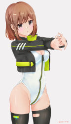 Rule 34 | 1girl, absurdres, alice gear aegis, black jacket, black thighhighs, booth babe, breasts, brown eyes, brown hair, cleavage, cleavage cutout, clothing cutout, cropped jacket, heattech leotard, highres, jacket, leotard, looking at viewer, medium breasts, rasen manga, short hair, solo, stretching, sutegoro shiina, thighhighs, thighs, turtleneck, white leotard