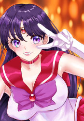 Rule 34 | 1girl, absurdres, arion canvas, armpits, bishoujo senshi sailor moon, blush, breasts, choker, cleavage, clenched teeth, covered erect nipples, female focus, gloves, hand up, highres, hino rei, large breasts, leotard, light blush, long hair, looking at viewer, matching hair/eyes, purple eyes, purple hair, sailor mars, simple background, skirt, smile, solo, teeth, tiara, uniform, upper body, v