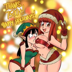 Rule 34 | 2girls, ass, black eyes, black hair, blush, breasts, chi-chi (dragon ball), christmas, closed mouth, dragon ball, dragonball z, elf hat, english text, female focus, funsexydragonball, hat, holidays, long hair, multiple girls, navel, open mouth, pointy ears, red eyes, red hair, santa hat, stomach, suno (dragon ball), text focus, tongue