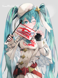 Rule 34 | 1girl, belt, beret, blue hair, braid, collar, commentary, fingerless gloves, flag, flame print, gloves, goodsmile racing, hair between eyes, hair ornament, hat, hatsune miku, highres, holding, holding flag, logo, long hair, looking at viewer, medium hair, micro shorts, one eye closed, racing miku, racing miku (2023), ribbon, shorts, sideless outfit, simple background, smiley face, star (symbol), star hair ornament, syoku29, thighhighs, twintails, very long hair, vocaloid, white headwear