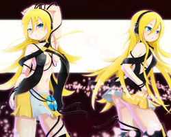 Rule 34 | 2girls, armpits, ass, bad id, bad pixiv id, bare shoulders, blonde hair, blue eyes, bracelet, breasts, clone, female focus, jewelry, light particles, lily (vocaloid), long hair, looking at viewer, midriff, multiple girls, navel, no panties, pleated skirt, shiny skin, skirt, small breasts, tadahama, underboob, very long hair, vocaloid