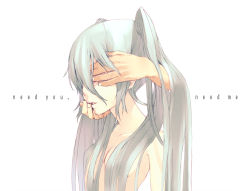 Rule 34 | 1girl, bad id, bad pixiv id, covering privates, covering face, covering own eyes, green hair, hands on another&#039;s face, hatsune miku, long hair, noco (adamas), simple background, solo, solo focus, topless, twintails, vocaloid
