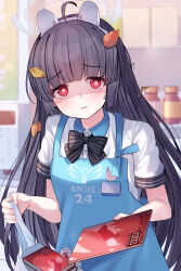 Rule 34 | 1girl, absurdres, animal ears, apron, black hair, blue apron, blue archive, book, breasts, bright pupils, collared shirt, fake animal ears, grey halo, halo, highres, leaf, leaf on head, long hair, mi taro333, miyu (blue archive), polo shirt, rabbit ears, red eyes, shaded face, shirt, short sleeves, small breasts, solo, white pupils, white shirt