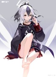 1girl black_hair black_hoodie black_horns blue_archive chinese_commentary closed_mouth commentary_request dated earphones foot_out_of_frame grey_hair grey_halo halo hand_up highres holding holding_earphones hood hoodie horns kayoko_(blue_archive) leg_up long_hair long_sleeves looking_at_viewer presenting_foot purple_nails red_eyes shayusua sitting solo toes