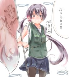 Rule 34 | 10s, 1girl, akebono (kancolle), arrow (symbol), artist name, bad id, bad pixiv id, bell, blue skirt, blush, flag, flower, hair bell, hair flower, hair ornament, hina (bird salty), kantai collection, key, long hair, looking at viewer, pantyhose, pleated skirt, purple eyes, purple hair, side ponytail, skirt, sleeves rolled up, smile, solo, translation request, very long hair, vest