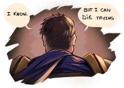 Rule 34 | 1boy, blue scarf, brown background, brown hair, english text, facing away, from behind, garen (league of legends), league of legends, male focus, scarf, shinaa (maddynshinaa), short hair, shoulder plates, solo, speech bubble, white background
