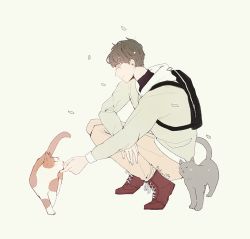 Rule 34 | 1boy, artist name, backpack, bag, black shirt, blouse, boots, brown hair, cat, full body, male focus, nuzzle, pants, shirt, simple background, solo, tofuvi, white background, yellow background