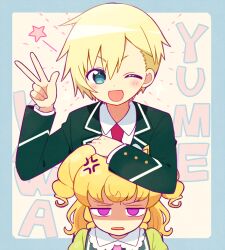 Rule 34 | 1boy, 1girl, 5.5, ;d, anger vein, annoyed, arm support, avocado academy school uniform, blonde hair, blue border, blue eyes, border, brother and sister, collared shirt, commentary request, frown, glaring, green jacket, hand on another&#039;s head, hand up, idol time pripara, jacket, long sleeves, looking at viewer, necktie, one eye closed, open mouth, outside border, pretty series, pripara, purple eyes, red necktie, school uniform, shaded face, shirt, short hair, siblings, smile, star (symbol), upper body, w, white shirt, yumekawa shogo, yumekawa yui