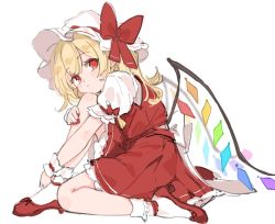 Rule 34 | 1girl, blonde hair, blouse, blush, bow, crystal, flandre scarlet, full body, hat, hat ribbon, looking at viewer, mary janes, mob cap, nail polish, paragasu (parags112), puffy short sleeves, puffy sleeves, red bow, red eyes, red footwear, red nails, red ribbon, red skirt, red vest, ribbon, shirt, shoes, short sleeves, simple background, sitting, skirt, skirt set, socks, solo, touhou, vest, white background, white shirt, white socks, wings, wrist cuffs