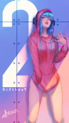 Rule 34 | 1girl, ;p, against wall, bare legs, blue eyes, blue hair, bottomless, breasts, cable, drawstring, hand in pocket, hatsune miku, headphones, highres, hood, hoodie, hoodie tug, lips, looking at viewer, medium breasts, naked hoodie, naughty face, no panties, nose, one eye closed, solo, squidsmith, standing, tongue, tongue out, vocaloid