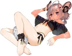 Rule 34 | 024th, 1girl, ahoge, animal ears, ankle cuffs, arknights, arm up, bare legs, bare shoulders, barefoot, bikini, black bikini, blue eyes, bracelet, closed mouth, commentary, extra ears, feet, fox ears, fox girl, fox tail, full body, hair between eyes, headphones, jewelry, long hair, looking at viewer, lying, navel, off shoulder, official alternate costume, on back, side-tie bikini bottom, silver hair, simple background, solo, stomach, sussurro (arknights), sussurro (summer flower) (arknights), swimsuit, tail, toes, white background