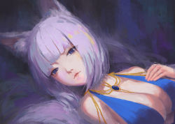 Rule 34 | 1girl, absurdres, animal ears, azur lane, blue eyes, breasts, center opening, cleavage, dress, evening gown, fox ears, fox girl, gold necklace, halter dress, halterneck, highres, kaga (azur lane), kaga (exalted white wings) (azur lane), kitsune, kyuubi, large breasts, large tail, looking at viewer, medium hair, multiple tails, necklace, official alternate costume, pillung, sleeveless, sleeveless dress, solo, tail, white hair, white tail