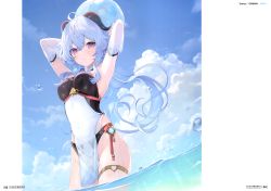 Rule 34 | 1girl, 6u (eternal land), absurdres, armpits, arms up, ball, beachball, bikini, bikini bottom only, blue hair, blue sky, blush, breasts, character name, cloud, cloudy sky, copyright name, day, elbow gloves, ganyu (genshin impact), genshin impact, gloves, highres, horns, long hair, looking at viewer, low ponytail, medium breasts, ocean, outdoors, page number, parted lips, partially submerged, pelvic curtain, purple eyes, scan, see-through, simple background, sky, swimsuit, thigh strap, thighs, underwear, water, water drop, wet