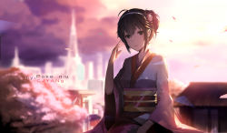 Rule 34 | 1girl, absurdres, ahoge, artist name, blurry, blurry background, breasts, brown eyes, brown hair, building, cherry blossoms, cjyoung, cloud, commentary request, fingernails, flower, hair between eyes, hair bun, hair flower, hair ornament, hairband, hand up, highres, japanese clothes, kimono, long sleeves, looking at viewer, obi, original, outdoors, parted lips, pink flower, pink rose, red lips, rose, sash, shards, short hair, single hair bun, sitting, sky, skyscraper, solo, sunset, teeth, white hairband, wide sleeves, yukata