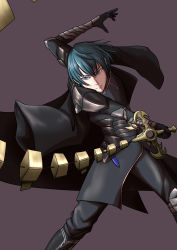 Rule 34 | 1boy, absurdres, armor, blue eyes, blue hair, byleth (fire emblem), byleth (male) (fire emblem), cape, dagger, epaulettes, fire emblem, fire emblem: three houses, grey background, heroes relic (fire emblem), highres, holding, holding sword, holding weapon, knife, nintendo, sheath, sheathed, short hair, simple background, solo, sword, sword of the creator, tashige14, weapon, whip sword