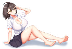 Rule 34 | 1girl, absurdres, ahoge, arm support, azur lane, baltimore (after-school ace) (azur lane), baltimore (azur lane), bare legs, barefoot, black skirt, blush, braid, breasts, brown hair, cleavage, collarbone, collared shirt, commentary request, comotaro, feet, foot focus, french braid, full body, hair between eyes, hand up, highres, large breasts, looking at viewer, partially unbuttoned, pleated skirt, school uniform, shadow, shirt, short hair, short sleeves, sidelocks, simple background, sitting, skirt, smile, solo, white background, white shirt, yellow eyes
