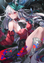 Rule 34 | 1girl, abstract background, aqua headwear, arknights, ascot, bare shoulders, black ascot, boots, breasts, center opening, closed mouth, detached sleeves, dress, fish, knee boots, large breasts, light particles, lipstick, long hair, long sleeves, looking away, looking to the side, makeup, mizurapi, official alternate costume, red dress, red eyes, short dress, silver hair, skadi (arknights), skadi the corrupting heart (arknights), skindentation, solo, two-tone gloves, very long hair, white footwear