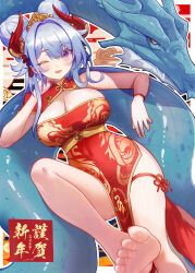 Rule 34 | 1girl, 2024, bare legs, barefoot, blue hair, blush, breasts, china dress, chinese clothes, chinese zodiac, cleavage, cleavage cutout, clothing cutout, covered navel, demon horns, dorsiflexion, double bun, dragon, dragon print, dress, fang, feet, foot out of frame, gold trim, hair bun, hair intakes, hair ornament, happy new year, highres, horns, impossible clothes, impossible dress, knee up, large breasts, legs, long hair, looking at viewer, mole, mole on breast, nengajou, new year, one eye closed, open mouth, original, pelvic curtain, print dress, pupps, purple eyes, red dress, red horns, short sleeves, side slit, single bare shoulder, soles, solo, tassel, toenails, toes, underbust, veins, veiny breasts, year of the dragon