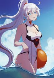 Rule 34 | 1girl, ahoge, ball, beachball, blue eyes, blue sky, breasts, cleavage, cloud, cloudy sky, covered navel, earrings, highres, holding, holding ball, holding beachball, honkai (series), honkai impact 3rd, jewelry, kiana kaslana, kiana kaslana (herrscher of flamescion), long hair, looking at viewer, medium breasts, one-piece swimsuit, outdoors, ponytail, sky, solo, swimsuit, tongue, tongue out, tsuume, very long hair, wading, water, white hair, white one-piece swimsuit