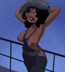 Rule 34 | 1girl, absurdres, armpits, arms behind head, atlantis: the lost empire, audrey ramirez, between breasts, black hair, breasts, cleavage, cowboy shot, dark-skinned female, dark skin, highres, inker comics, large breasts, looking at viewer, medium hair, naked overalls, nipples, open mouth, overalls, shadow, solo, strap gap, tongue, tongue out