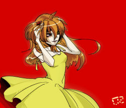 Rule 34 | 1girl, crazy eyes, dress, evil, neon genesis evangelion, red background, red hair, solo, souryuu asuka langley, yellow dress
