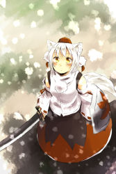 Rule 34 | 1girl, animal ears, bare shoulders, detached sleeves, female focus, hat, inubashiri momiji, looking up, red eyes, shield, silver hair, snow, solo, sword, tail, tokin hat, touhou, weapon, wolf ears, wolf tail, yudepii