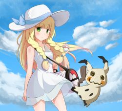 Rule 34 | 1girl, bare shoulders, blonde hair, blue ribbon, blue sky, blunt bangs, blush, braid, breasts, closed mouth, clothes lift, cloud, collared dress, cowboy shot, creatures (company), d z, day, dress, dress lift, game freak, gen 7 pokemon, green eyes, hair tie, hat, hat ribbon, highres, holding, holding poke ball, lillie (pokemon), long hair, looking at viewer, mimikyu, nintendo, outdoors, poke ball, pokemon, pokemon (creature), pokemon sm, premier ball, ribbon, see-through, sky, sleeveless, sleeveless dress, small breasts, standing, sun hat, sundress, twin braids, very long hair, white dress, white hat, wind, wind lift