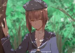 Rule 34 | 10s, 1girl, beret, brown eyes, brown hair, clothes writing, dappled sunlight, hat, kantai collection, md5 mismatch, resized, sailor collar, sailor hat, short hair, smile, solo, sunlight, tree, tsukamoto minori, upper body, z3 max schultz (kancolle)