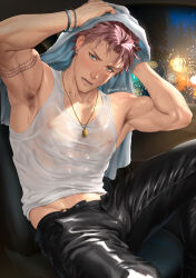 Rule 34 | 1boy, arm tattoo, armpit hair, armpits, bara, black pants, blue eyes, blush, brown hair, covered erect nipples, dan (mondi hl), earrings, highres, holding, holding towel, jewelry, large pectorals, male focus, mondi hl, muscular, muscular male, necklace, original, pants, pectorals, see-through, short hair, tank top, tattoo, towel, twitter username, wet, wet clothes, wet face, white tank top
