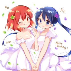 Rule 34 | 2girls, :q, bare shoulders, blue eyes, blue hair, blush, breasts, cleavage, collarbone, commentary, commentary request, cowboy shot, dated, english commentary, falling petals, floating hair, flower, green flower, hair between eyes, hair flower, hair ornament, hand grab, hand up, happy birthday, hara yui, holding hands, inokuma youko, kin-iro mosaic, komichi aya, long hair, looking at viewer, medium hair, mixed-language commentary, multiple girls, official alternate costume, official art, one eye closed, orange eyes, orange hair, petals, pink flower, raised eyebrows, shiny skin, simple background, thick eyebrows, tongue, tongue out, twintails, v, white background, worried