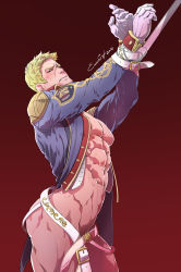 Rule 34 | 1boy, abs, artist name, ass, bara, bare pectorals, belt, blonde hair, blue eyes, blue jacket, blush, bottomless, bound, bound wrists, evinist, gloves, highres, jacket, large pectorals, male focus, muscular, muscular male, naked jacket, navel, nipples, open clothes, open jacket, overwatch, overwatch 1, pectorals, saliva, short hair, soldier: 76 (overwatch), solo, white belt, white gloves