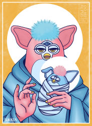 Rule 34 | artist name, closed eyes, closed mouth, commentary, english commentary, furby, holding, long sleeves, nail polish, no humans, open mouth, pink fur, simple background, surkeart, upper body, wide sleeves, yellow background, yellow nails
