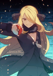 Rule 34 | 1girl, black coat, black collar, black pants, black shirt, blonde hair, coat, collar, commentary request, creatures (company), cynthia (pokemon), embers, eyelashes, fur-trimmed coat, fur collar, fur trim, game freak, grey eyes, grin, hair ornament, hair over one eye, hand up, highres, holding, holding poke ball, long hair, long sleeves, looking at viewer, meiji ken, nintendo, pants, poke ball, poke ball (basic), pokemon, pokemon dppt, shirt, smile, solo, teeth
