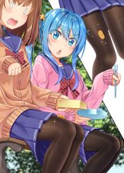Rule 34 | 2girls, ashida machi, bento, black legwear, blue eyes, blue hair, blue skirt, blush, bow, bowtie, brown bow, brown bowtie, brown hair, cardigan, chestnut mouth, food, from side, gurande (g-size), hair between eyes, hair ornament, highres, long hair, looking at another, multiple girls, multiple views, omelet, open mouth, original, pantyhose, plaid, plaid bow, plaid bowtie, plaid neckwear, pleated skirt, sailor collar, school uniform, sidelocks, sitting, skirt, sleeves past wrists, solid oval eyes, sparkle, star (symbol), star hair ornament, thighs, triangle mouth, twintails