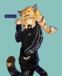 Rule 34 | 10s, 1girl, alternate costume, animal ears, animal print, bad id, bad twitter id, black hair, blonde hair, bow, cat ears, cat tail, claw pose, commentary request, contemporary, cowboy shot, dnsdltkfkd, extra ears, hair bow, hair tie, highres, kemono friends, long hair, long sleeves, low twintails, multicolored hair, nail polish, orange hair, siberian tiger (kemono friends), slit pupils, solo, tail, tiger ears, tiger print, tiger tail, track suit, translation request, twintails, white hair, yellow eyes