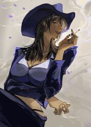 Rule 34 | 1girl, absurdres, avenoirn, black hair, black nails, blue eyes, blunt bangs, cigarette, commentary, cowboy hat, earrings, english commentary, hat, highres, holding, holding cigarette, hoop earrings, jewelry, long hair, nail polish, nico robin, official alternate costume, one piece, purple hat, smile, solo, teeth