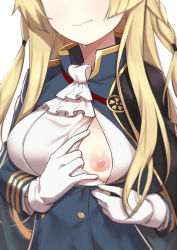 Rule 34 | 1girl, azur lane, blonde hair, gloves, head out of frame, highres, kongou (azur lane), long hair, morisobo, nipples, no bra, one breast out, simple background, solo, very long hair, white background