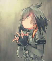 Rule 34 | 10s, 1girl, bird wings, black gloves, black hair, bodystocking, closed mouth, collared shirt, commentary, feathered wings, fingerless gloves, from side, gloves, grey hair, grey necktie, grey shirt, grey shorts, hair between eyes, head wings, interlocked fingers, kemono friends, light frown, long hair, looking to the side, low ponytail, multicolored hair, necktie, orange hair, pocket, shirt, shoebill (kemono friends), shorts, side ponytail, solo, standing, wings, yasushi, yellow eyes