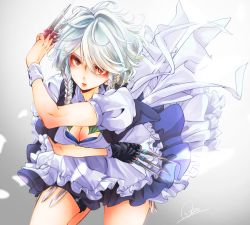 Rule 34 | 1girl, apron, bad id, bad pixiv id, between fingers, braid, breasts, cleavage, cowboy shot, fingerless gloves, gloves, holding, holding knife, izayoi sakuya, knife, knives between fingers, looking at viewer, maid, maid apron, maid headdress, open mouth, red eyes, short hair, signature, silver hair, solo, souta (karasu no ouchi), touhou, twin braids, wrist cuffs