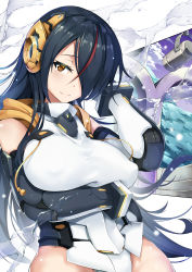 Rule 34 | 10s, 1girl, absurdres, adapted costume, armor, bare shoulders, black gloves, black hair, breast hold, breasts, closed mouth, cloud, commentary, covered erect nipples, day, drawstring, elbow gloves, emperor penguin (kemono friends), floating hair, gloves, gradient sky, hair over one eye, hand in own hair, headgear, highleg, highleg leotard, highres, hood, hood down, kemono friends, large breasts, leotard, light particles, long hair, looking at viewer, multicolored hair, orange eyes, outdoors, purple sky, red hair, shiny skin, sky, smile, solo, spotlight, stage, stage lights, streaked hair, taut clothes, water, white leotard, zelitto