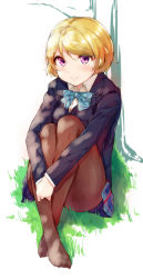 Rule 34 | 10s, 1girl, bad id, bad pixiv id, black pantyhose, blazer, blue bow, blue bowtie, bow, bowtie, brown hair, crossed ankles, highres, hugging own legs, jacket, koizumi hanayo, long sleeves, looking at viewer, love live!, love live! school idol project, no shoes, on grass, on ground, pantyhose, plaid, plaid skirt, purple eyes, school uniform, short hair, sitting, skirt, smile, solo, striped bow, striped bowtie, striped clothes, striped neckwear, ytk (yutta-p)