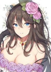 Rule 34 | 1girl, ayuanlv, bare shoulders, black gloves, blush, breasts, brown hair, cleavage, dress, flower, gloves, granblue fantasy, hair between eyes, hair flower, hair ornament, hairband, hand up, highres, large breasts, long hair, looking at viewer, off-shoulder dress, off shoulder, parted lips, purple eyes, rose, rosetta (granblue fantasy), smile, solo, upper body, very long hair