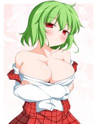 Rule 34 | 1girl, :&lt;, bare shoulders, blush, breasts, cleavage, crossed arms, embarrassed, female focus, green hair, highres, kazami yuuka, large breasts, looking at viewer, nikku (ra), no bra, off shoulder, red eyes, revision, short hair, simple background, solo, touhou, upper body