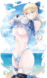 Rule 34 | 1girl, absurdres, bare shoulders, beach, bikini, blonde hair, blue bikini, blue eyes, bow, breasts, chark14, closed mouth, clothes lift, genshin impact, hair between eyes, hair bow, high ponytail, highres, jean (genshin impact), jean (sea breeze dandelion) (genshin impact), navel, ocean, sand, shirt lift, stomach, swimsuit, thighlet, thighs, underboob, water