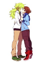 Rule 34 | 10s, 2boys, bad id, bad pixiv id, brown hair, clothes, couple, creatures (company), full body, game freak, green footwear, green hair, height difference, hilbert (pokemon), hirosuke, hirosuke (psychexx), kiss, long hair, male focus, multiple boys, n (pokemon), nintendo, pokemon, pokemon bw, red footwear, shoes, simple background, sneakers, tiptoe kiss, tiptoes, white background, yaoi