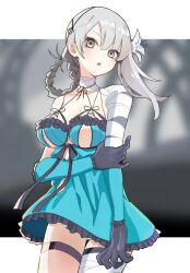 Rule 34 | 1girl, asymmetrical hair, bandaged arm, bandaged leg, bandaged neck, bandages, black gloves, blue dress, bow, braid, braided hair rings, breasts, brown eyes, cleavage, cowboy shot, dafs26, dress, dress bow, flower, gloves, grey hair, hair between eyes, hair flower, hair ornament, hair rings, hand on own arm, highres, kaine (nier), letterboxed, lily (flower), lingerie, long hair, looking at viewer, medium breasts, negligee, nier, nier (series), parted lips, single bare shoulder, solo, thigh strap, underwear, white flower