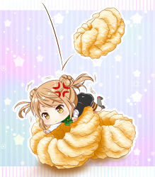 Rule 34 | 1girl, anger vein, bad id, bad pixiv id, brown eyes, brown hair, chibi, commentary request, double bun, doughnut, food, french cruller, hair bun, kantai collection, long hair, looking at viewer, lying, michishio (kancolle), michishio kai ni (kancolle), on stomach, pleated skirt, sakuharu, school uniform, skirt, solo, twintails