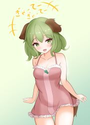 Rule 34 | +++, 1girl, :d, adapted costume, animal ears, bare shoulders, blush, breasts, cowboy shot, dog ears, dog tail, dress, fang, floppy ears, gradient background, green eyes, green hair, highres, kasodani kyouko, kasoka soka, looking at viewer, medium hair, open mouth, petite, pink dress, simple background, skin fang, sleeveless, sleeveless dress, small breasts, smile, solo, tail, thigh gap, touhou, white background